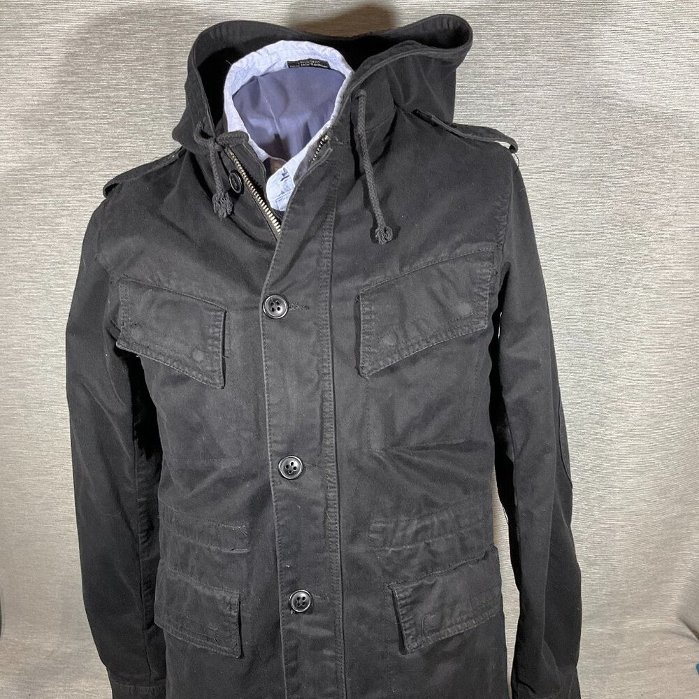 Mens Black Cotton Hooded Field Jacket by Izzue, Size 4